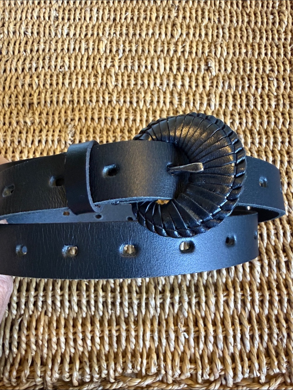 NWT Lucky Brand Black Leather Belt with Braided Round Buckle